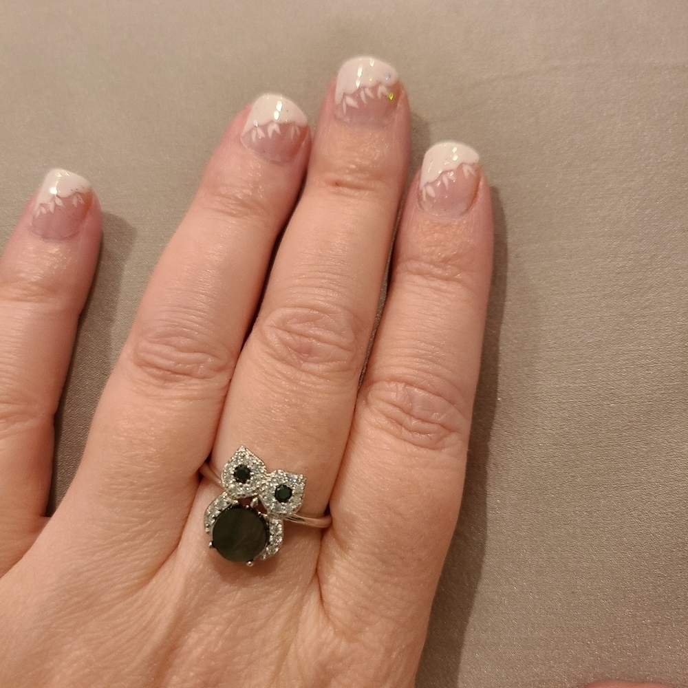 Mother of pearl owl ring sterling silver cubic zirconia